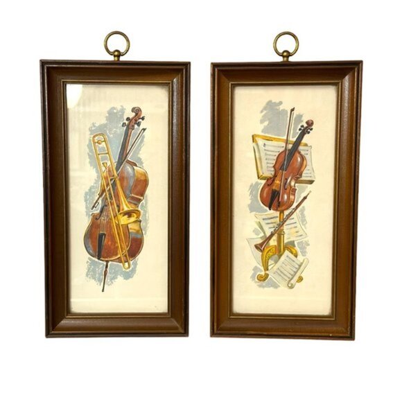Vintage Pair Mid-Century A Lambert Orchestra Musical Instrument Framed Print EUC - Picture 1 of 8